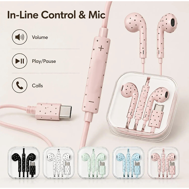 Type C Wired Earphones With Mic - Type C Earphones Polka Dot Star